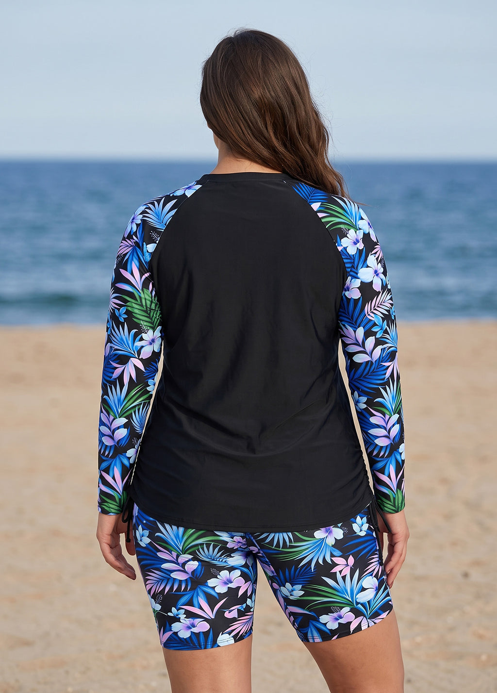 Black Tropical Floral High Neck UPF50+ Raglan Long Sleeve Drawstring Plus Size Tankini Top