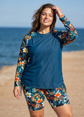 Plus Size Green Tropical Floral High Neck UPF50+ Raglan Long Sleeve Drawstring Tankini Top