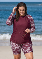 Curvy Red Palm Print High Neck UPF50+ Raglan Long Sleeve Drawstring Swimsuit Tankini Top