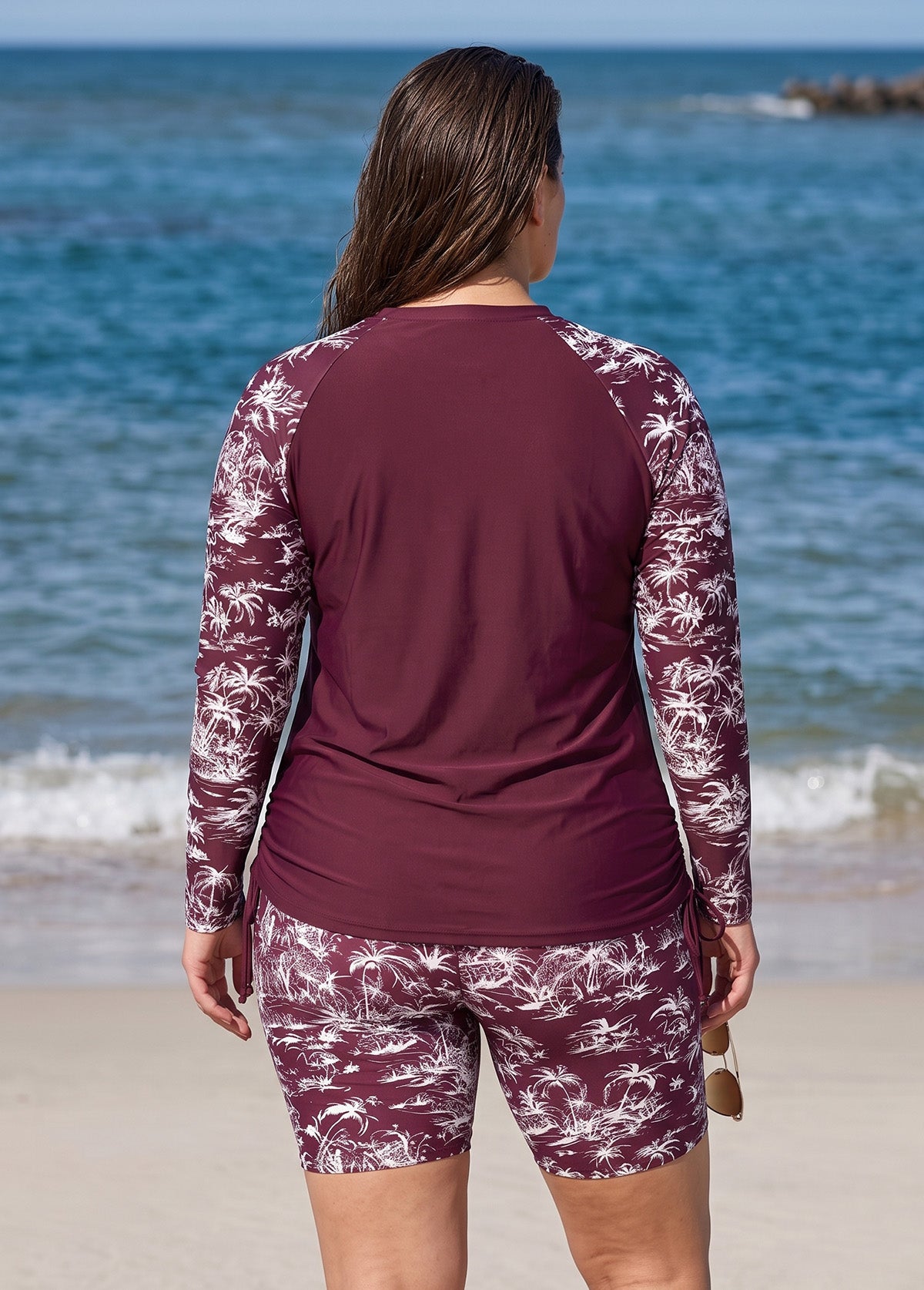 Curvy Red Palm Print High Neck UPF50+ Raglan Long Sleeve Drawstring Swimsuit Tankini Top