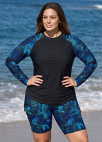 Black Floral High Neck UPF50+ Long Sleeves Drawstring Curvy Women's Swimsuit Tankini Top