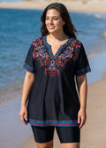 Plus Size Purple V Neck  Upf50+ Short Sleeves Modest Padded Swimsuit Long Tankini Top