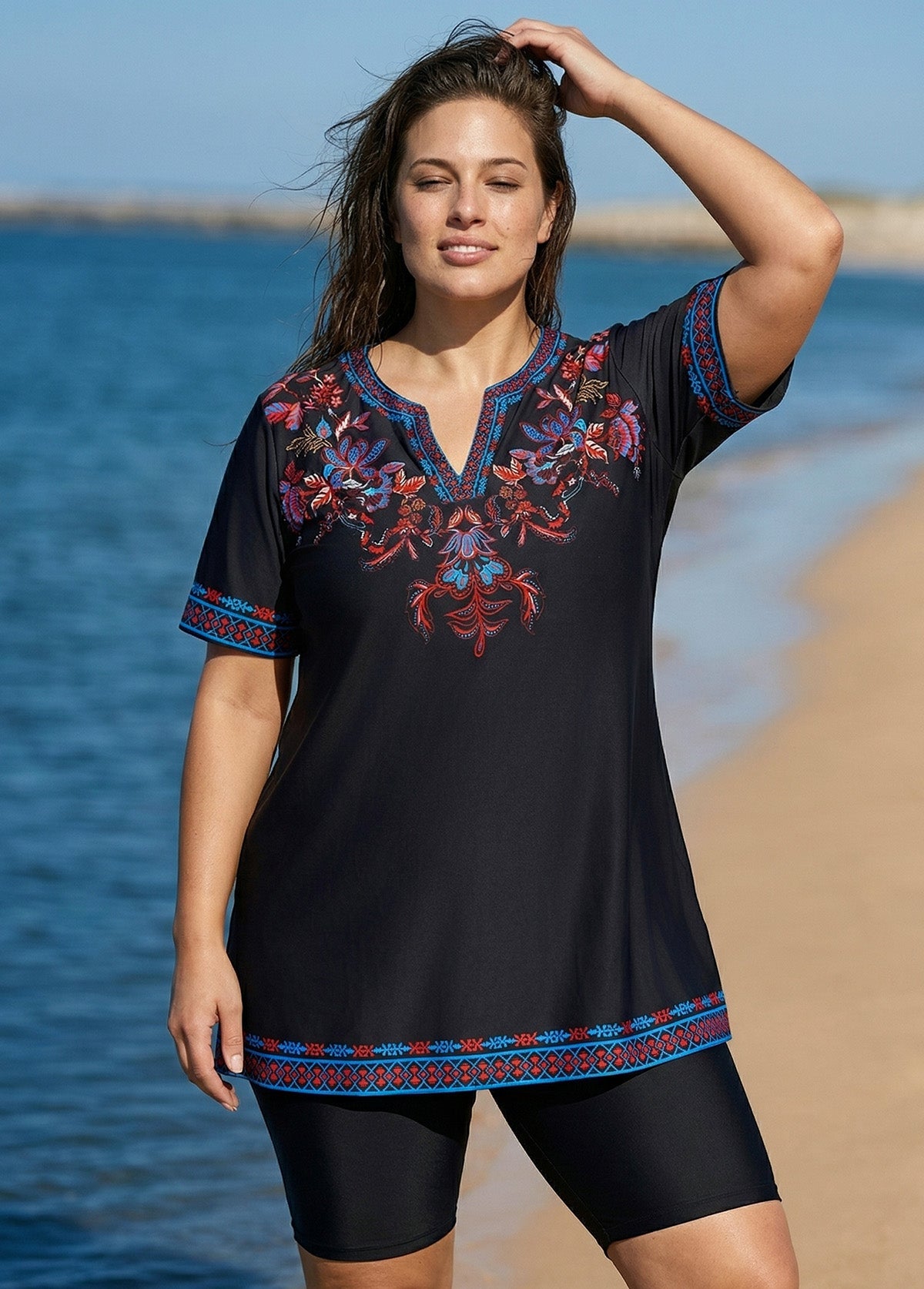 Plus Size Purple V Neck  Upf50+ Short Sleeves Modest Padded Swimsuit Long Tankini Top