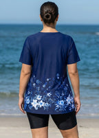 Plus Size Navy Floral V Neck  Upf50+ Short Sleeves Modest Padded Swimsuit Long Tankini Top