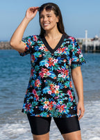 Plus Size Black Floral V Neck Upf50+ Short Sleeves Modest Padded Swimsuit Long Tankini Top