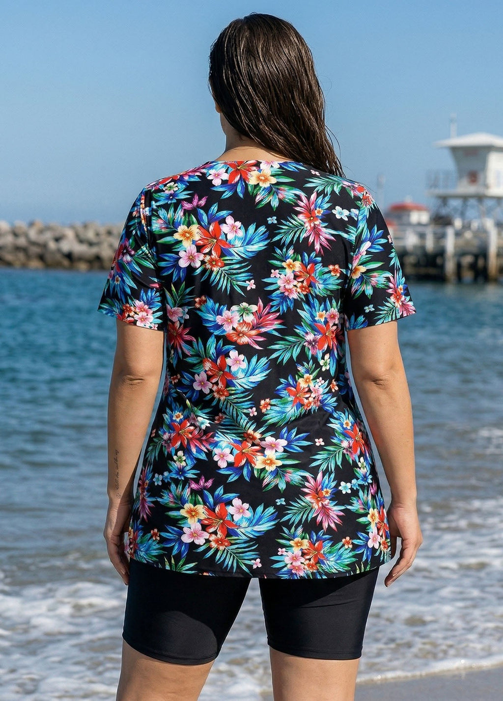 Plus Size Black Floral V Neck Upf50+ Short Sleeves Modest Padded Swimsuit Long Tankini Top
