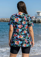 Plus Size Black Floral V Neck Upf50+ Short Sleeves Modest Padded Swimsuit Long Tankini Top