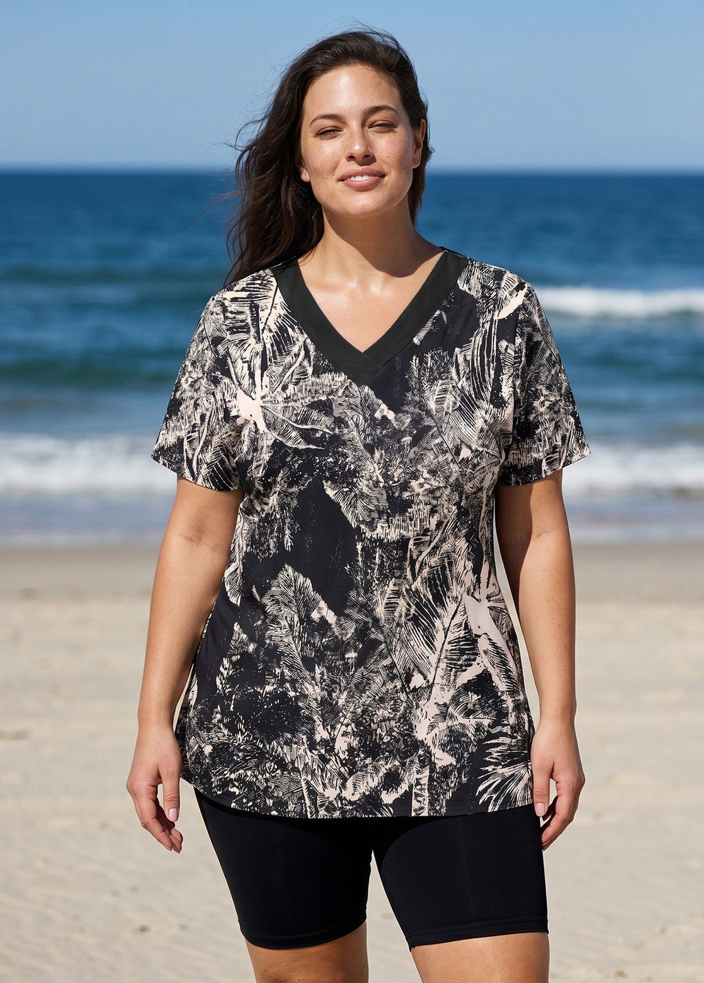 Curvy Black Leaf V Neck UPF50+ Short Sleeves Flattering Women's Swimsuit Tankini Top