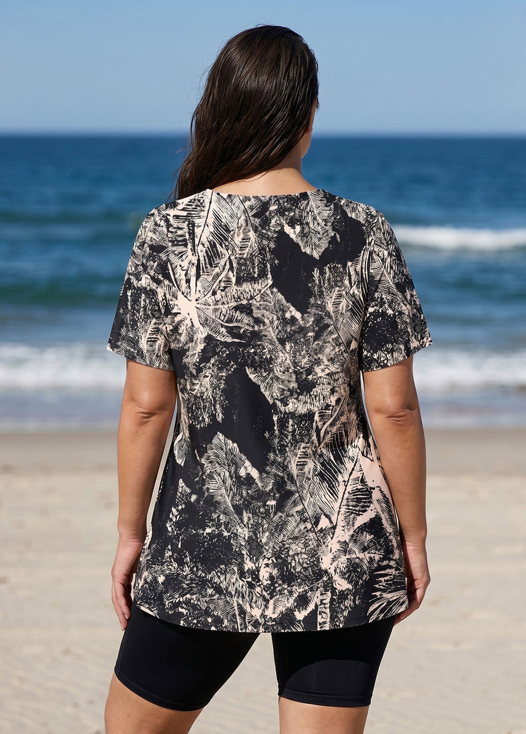 Curvy Black Leaf V Neck UPF50+ Short Sleeves Flattering Women's Swimsuit Tankini Top