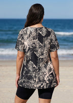 Curvy Black Leaf V Neck UPF50+ Short Sleeves Flattering Women's Swimsuit Tankini Top
