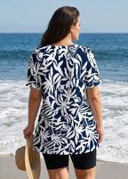 Plus Size Navy Tropical Leaf V Neck UPF50+ Short Sleeves Women's Swimsuit Tankini Top