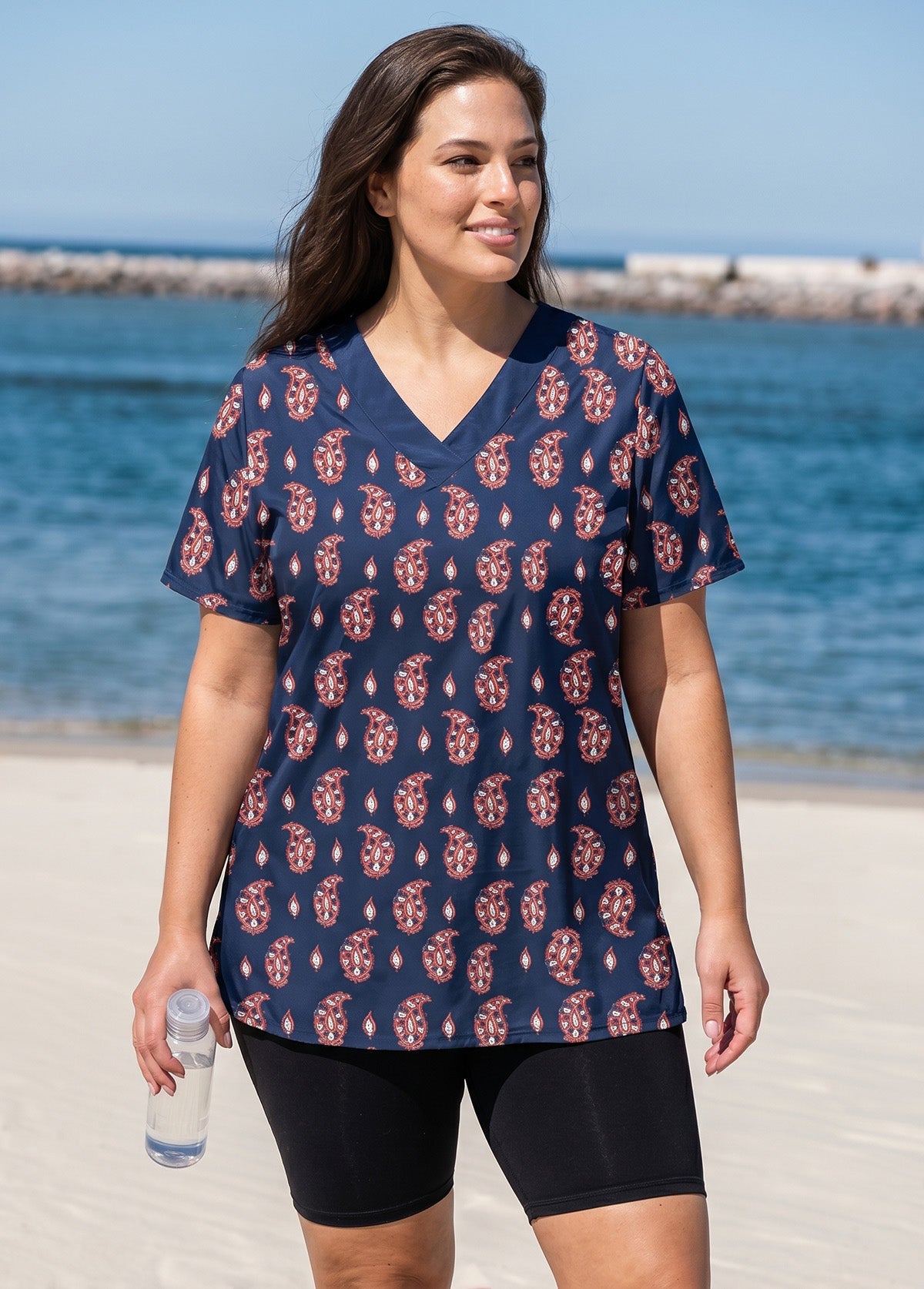 Navy Red Paisley V Neck UPF50+ Short Sleeves Flattering Curvy Women's Swimsuit Tankini Top