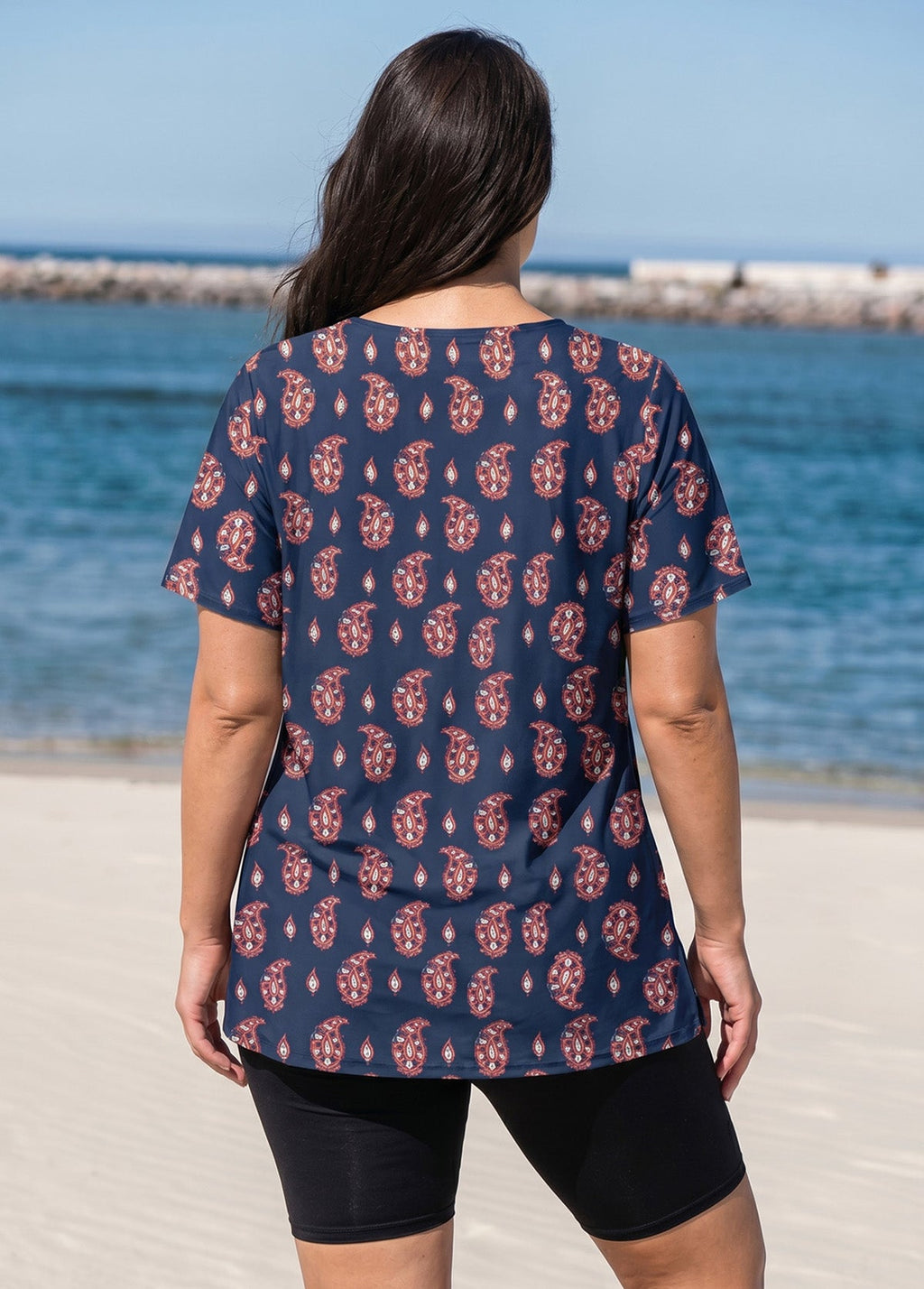 Navy Red Paisley V Neck UPF50+ Short Sleeves Flattering Curvy Women's Swimsuit Tankini Top