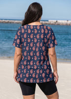 Navy Red Paisley V Neck UPF50+ Short Sleeves Flattering Curvy Women's Swimsuit Tankini Top