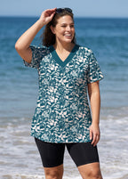 Plus Size Green Leaf Print V Neck UPF50+ Short Sleeves Modest Women's Swimsuit Tankini Top