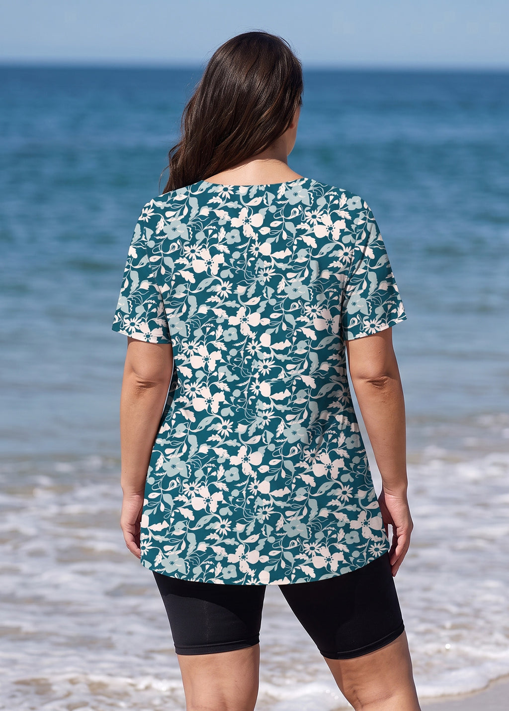 Plus Size Green Leaf Print V Neck UPF50+ Short Sleeves Modest Women's Swimsuit Tankini Top