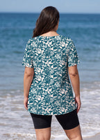 Plus Size Green Leaf Print V Neck UPF50+ Short Sleeves Modest Women's Swimsuit Tankini Top