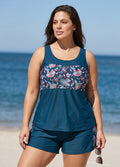 Navy Floral Scoop Neck Flattering Plus Size Women's Swimsuit Two Piece Tankini Set