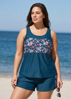 Navy Floral Scoop Neck Flattering Plus Size Women's Swimsuit Two Piece Tankini Set