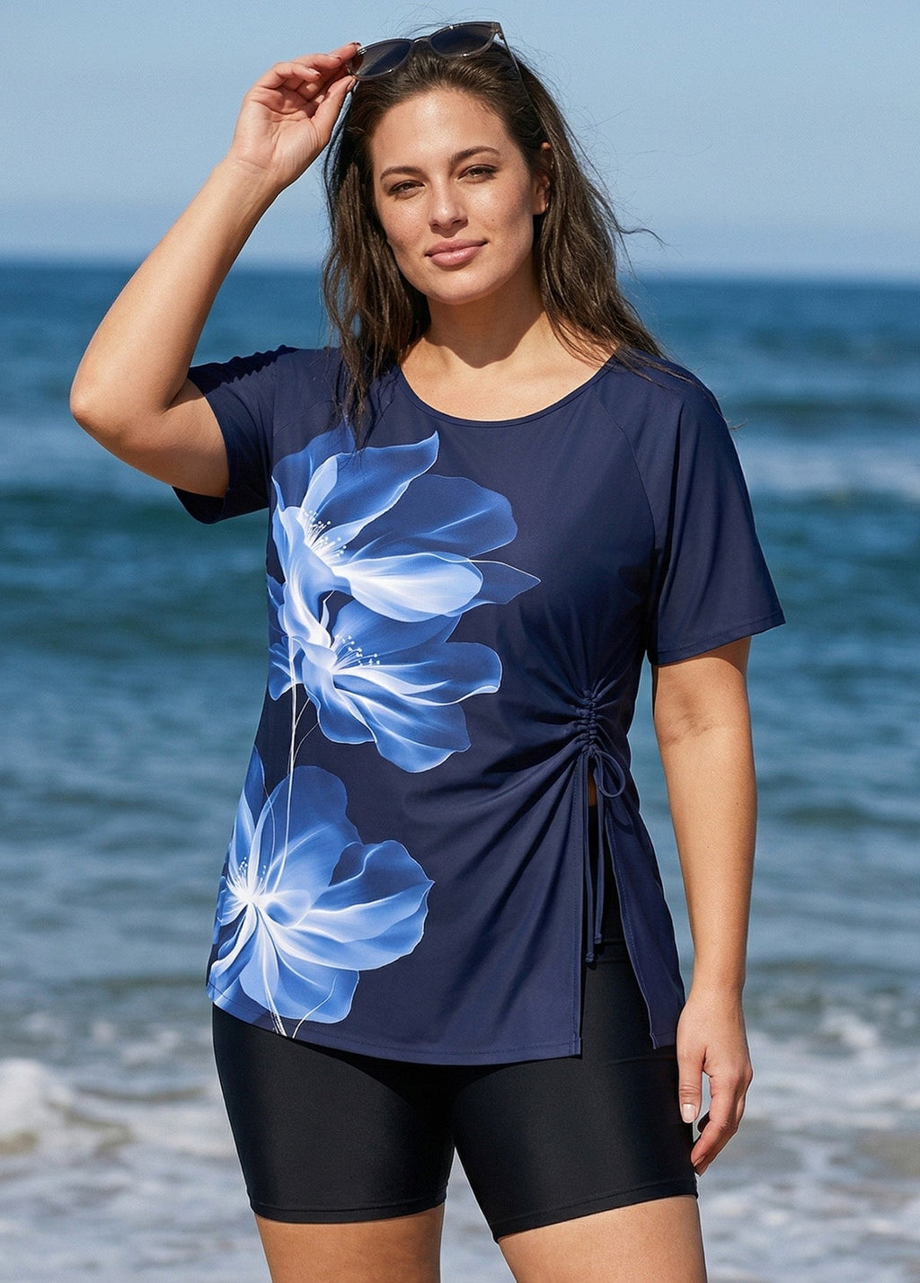 Plus Size Blue Floral Upf50+ Short Sleeves Vintage Side Drawstring Swimsuit Tankini Top