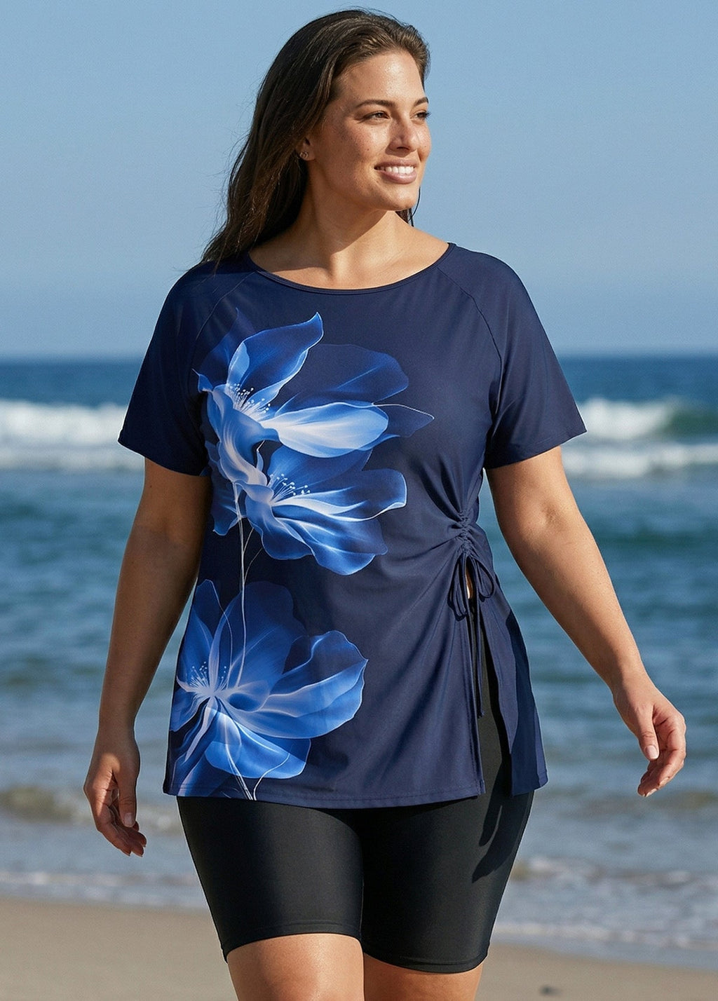 Plus Size Blue Floral Upf50+ Short Sleeves Vintage Side Drawstring Swimsuit Tankini Top