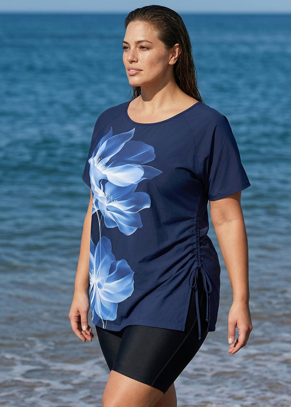 Plus Size Blue Floral Upf50+ Short Sleeves Vintage Side Drawstring Swimsuit Tankini Top