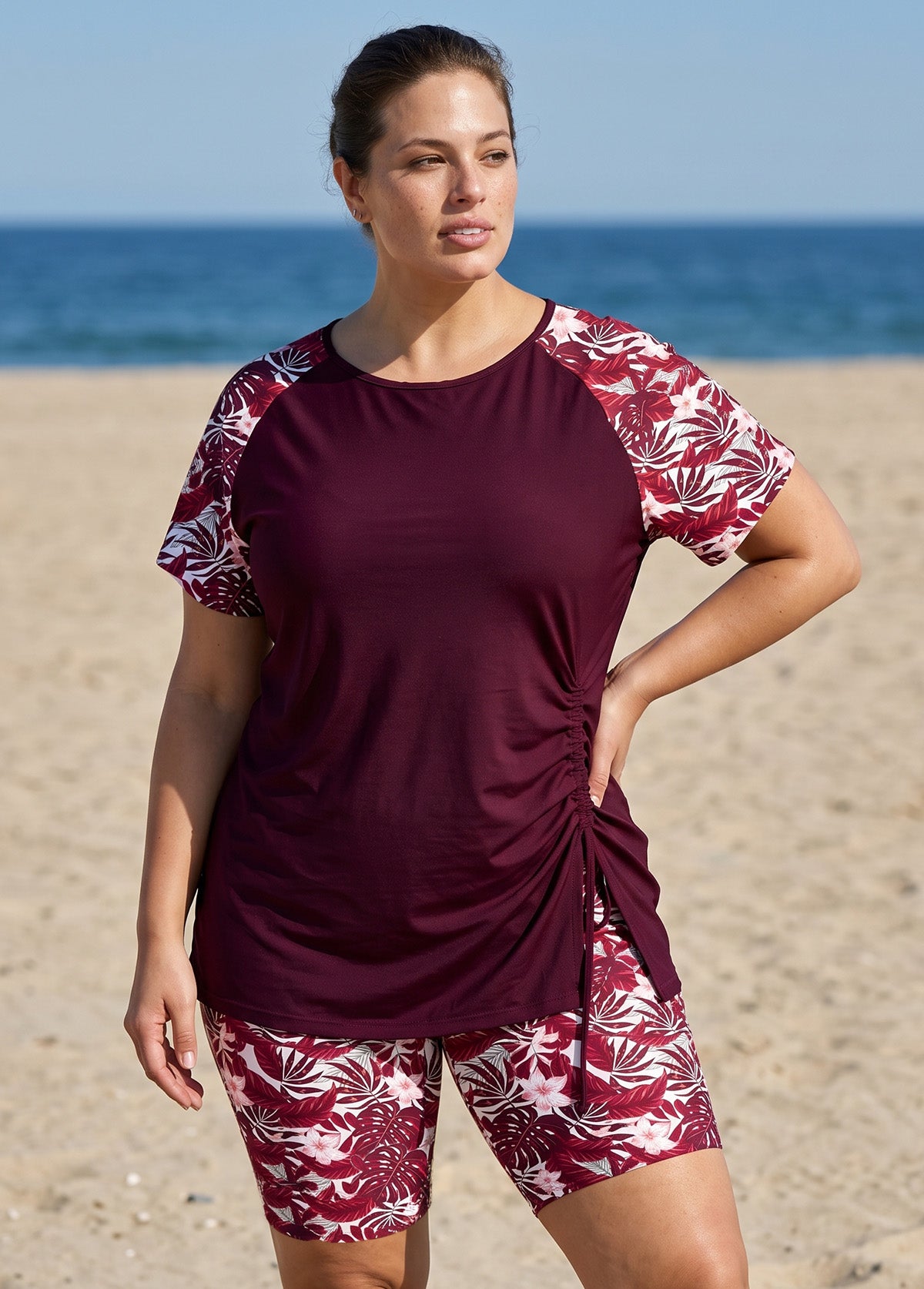 Plus Size Red Floral Print UPF50+ Short Sleeves Flattering Side Drawstring Tankini Top