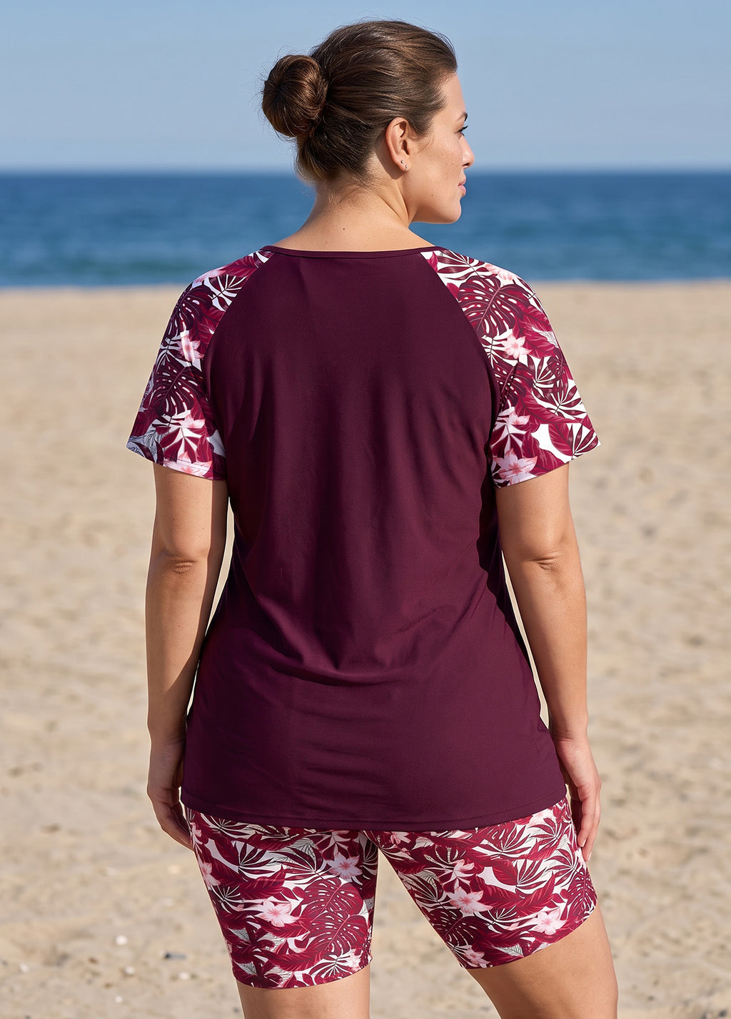 Plus Size Red Floral Print UPF50+ Short Sleeves Flattering Side Drawstring Tankini Top