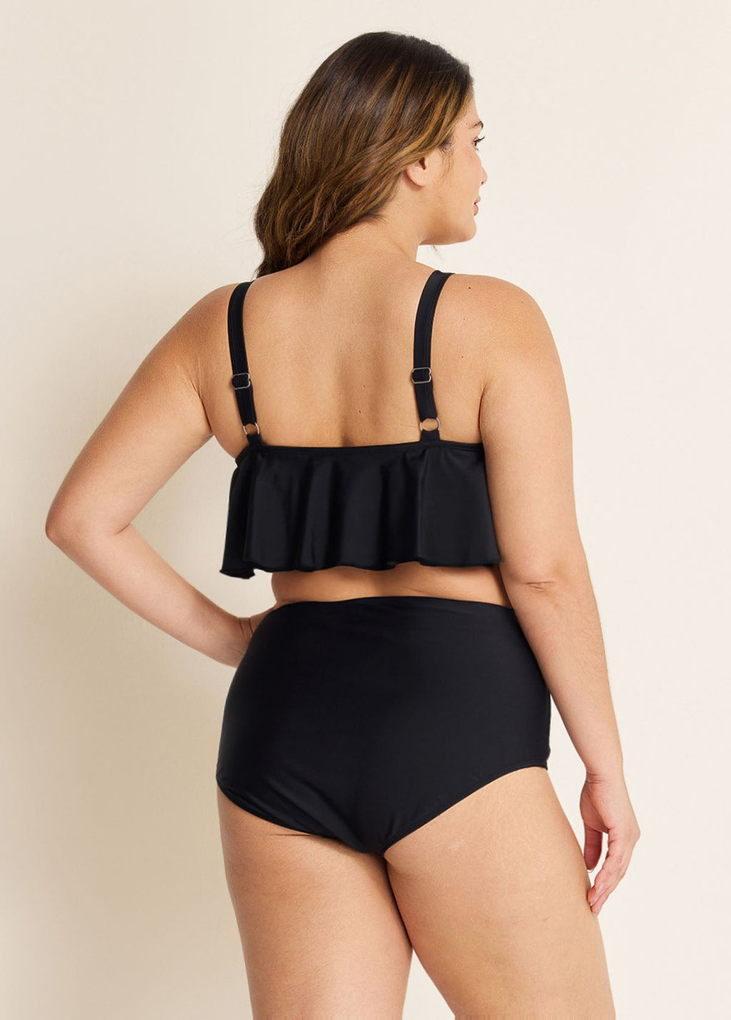 Black Scoop Neck Ruffles High Waist Bikini Top