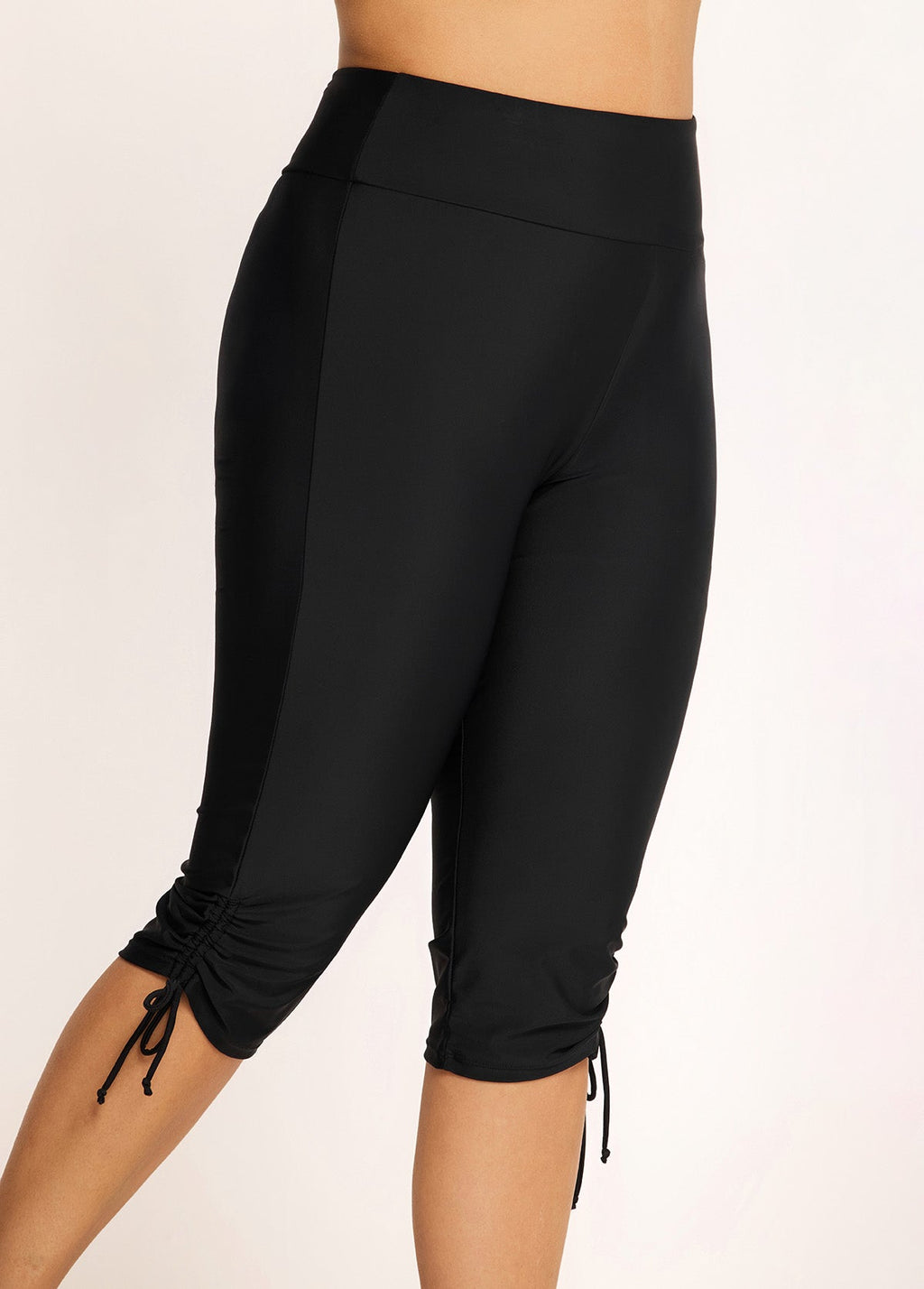 Plus Size Black High Waisted Tummy Control Side Drawstring Swimsuits Bottom Capri Pants