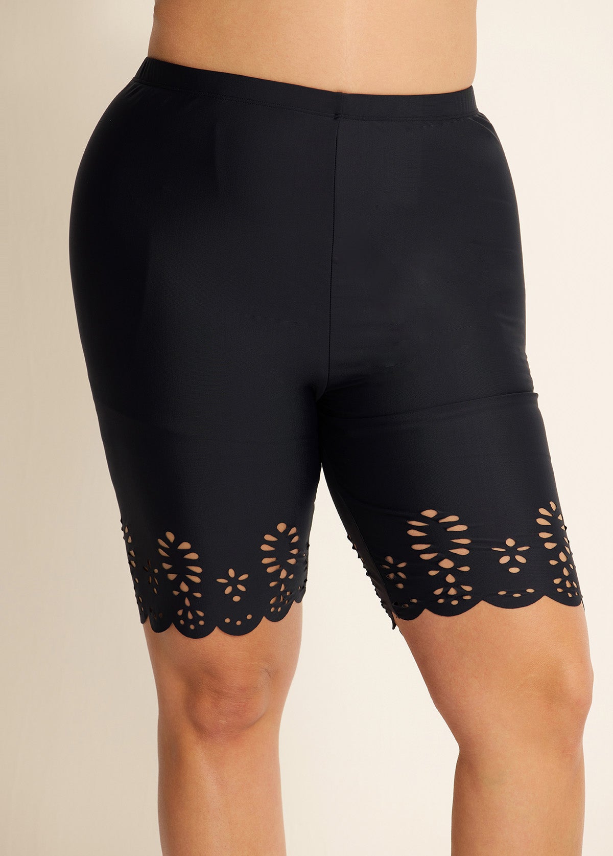 Curvy Women's Black Hollow Sport Simple Swim Short