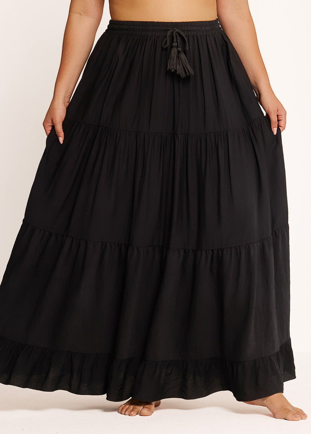Curvy Black Drawstring Casual Beach Cover Up Dress