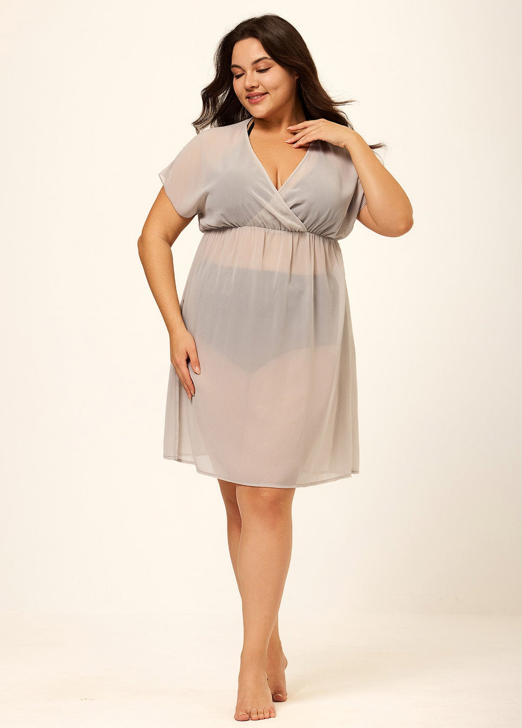Gray V Neck Semi-Sheer Split Boho Style Cover Up