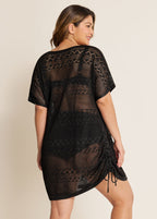 Black V Neck Cut Out Drawstring Swim Cover Up