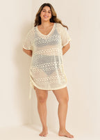 Beige V Neck Cut Out Drawstring Swim Cover Up