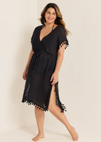 Black Weave Sleeveless Long Fringe Vacation Cover Up