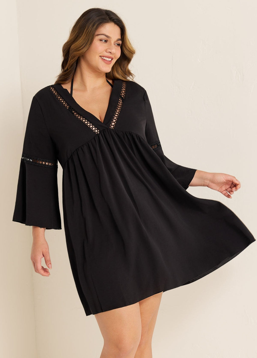 Plus Size Black V Neck Loose Side Slit Hem Cover Up