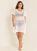 White Plus Size Simple Side Slit Cover Up