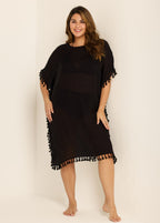 Plus Size Black Tassel Short Sleeve Swimsuit Cover Up Dress