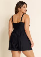 Plain Black Bowknot Pocket Gathered Romper One Piece Swimsuit