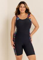 Plants Print Scoop Neck Athletic Boyleg Tummy Rash Guard Control One Piece Swimsuit