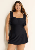Black Square Neck Ruffled Pleated One Piece Swimsuit