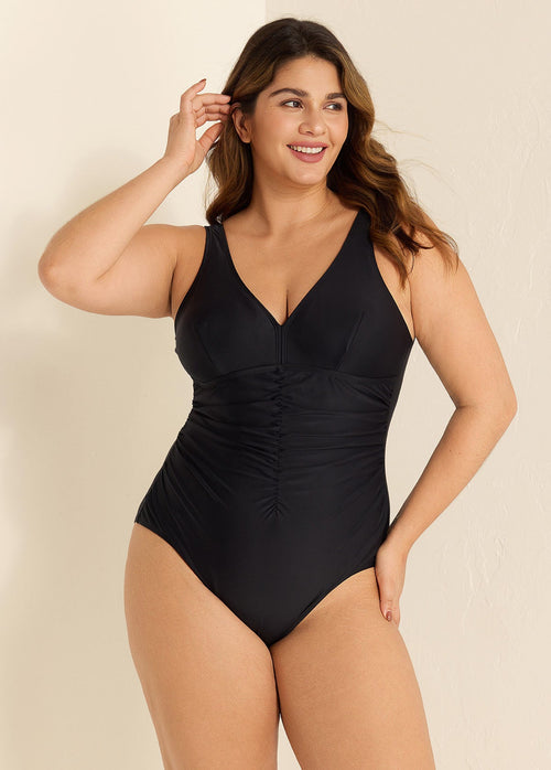 Black V Neck Ruched Cut One Piece Swimsuit