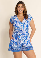 Blue White Floral Short Sleeves Wrap Pocket Curvy One Piece Swimsuit Swim Romper