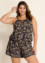 Plus Size Black Print High Neck Hollow With Pocket One Piece Swimsuit Swim Romper