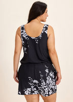 Black Floral Built In Bra Wide Straps Pocket Curvy Women's Swimsuit One Piece Swim Romper