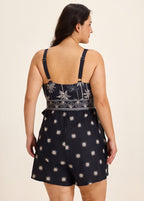 Curvy Black Palm Tree Print Flattering Wrap Pocket Curvy Swimsuit One Piece Swim Romper