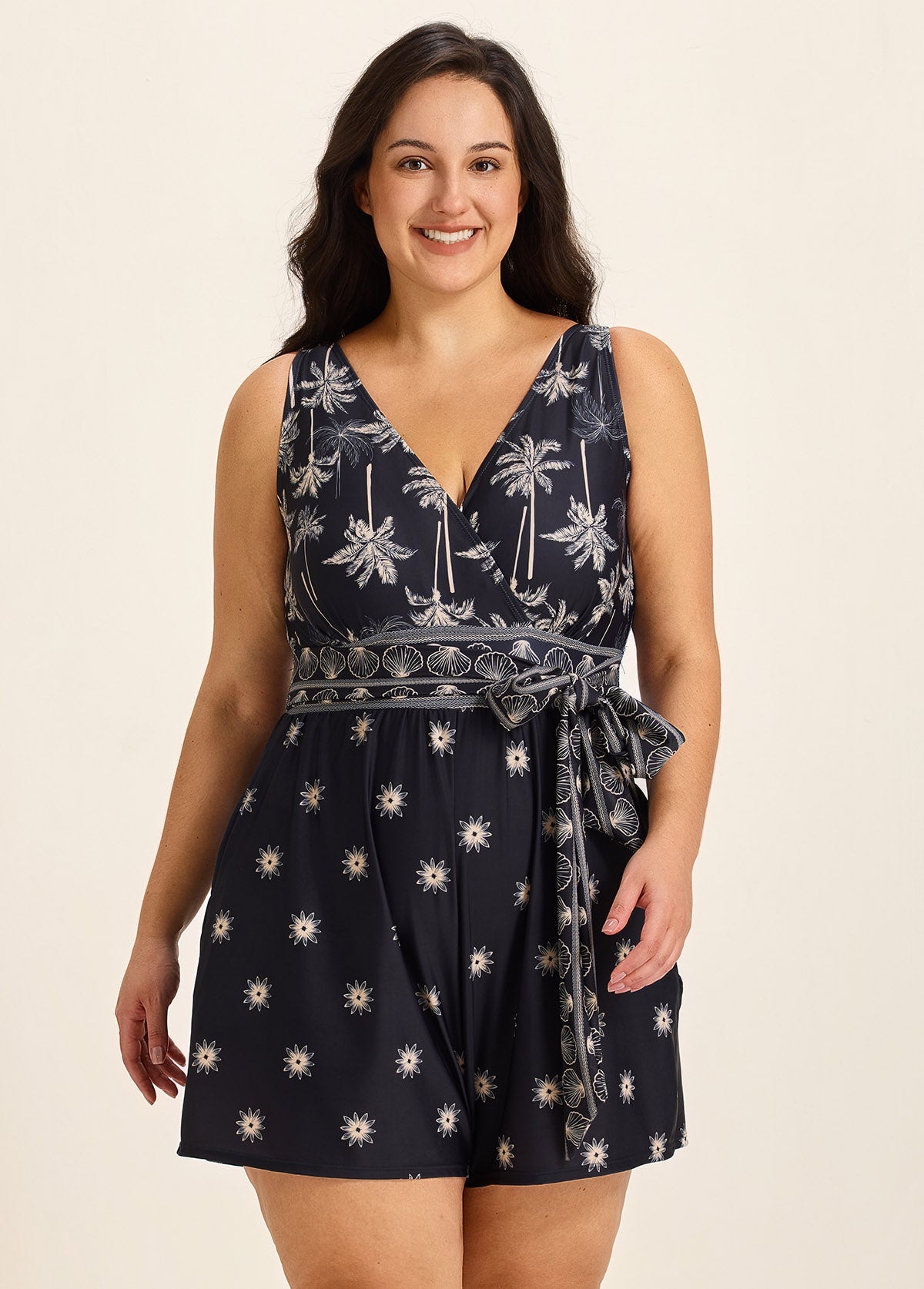 Curvy Black Palm Tree Print Flattering Wrap Pocket Curvy Swimsuit One Piece Swim Romper