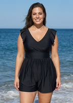 Plus Size Black Twisted Front Ruffled One Piece Swimsuit Swim Romper