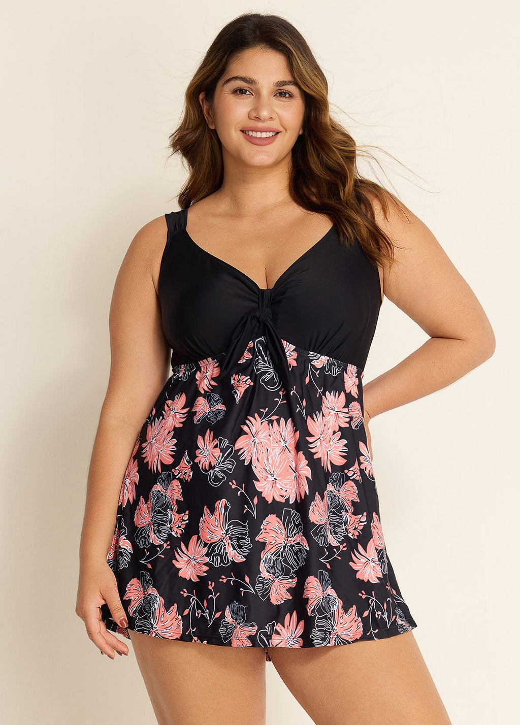 Charming Plus Size Pink Floral Print Knot Front One Piece Swimdress